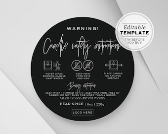 Minimalist Candle Warning Label Template, Printable Candle Safety Sticker, Sizes: 1.5" / 2" / 3" | EDITABLE TEMPLATE #054 #043 Willow