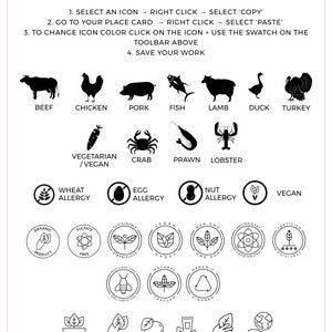 May include: Black and white icons of various food items, including beef, chicken, pork, fish, lamb, duck, turkey, vegetarian, crab, prawn, lobster, wheat allergy, egg allergy, nut allergy, and vegan.  Below the icons are black and white icons of various food labels, including organic product, sulphate free, sustainable, vegan, non-GMO, antioxidant, certified organic, natural ingredients, organic product, vegan, 100% natural, certified organic, and ethically sourced.