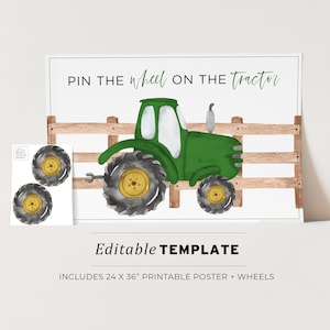 Kids Party Game, Pin the Wheels on the Tractor Printable Poster, Birthday Party Game | EDITABLE TEMPLATE #058