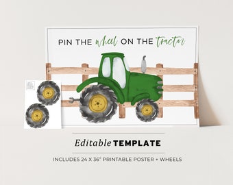 Kids Party Game, Pin the Wheels on the Tractor Printable Poster, Birthday Party Game | EDITABLE TEMPLATE #058