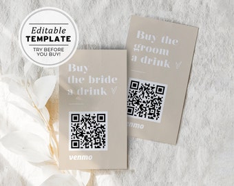 Buy the Bride a Drink, Buy the Groom a Drink Venmo Card, Paypal, QR Code, Cash App Card Template | EDITABLE TEMPLATE Juliette #047