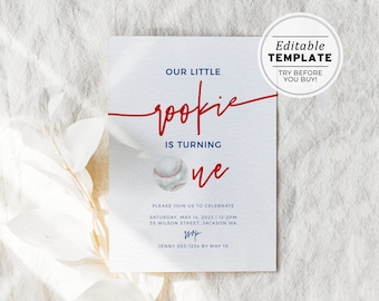1st Birthday Invite Template, Minimalist Baseball Theme Party Invitation, Our Little Rookie is Turning One, Printable Editable Template #016