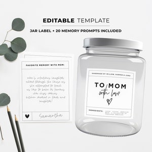 Gepersonaliseerde geheugenpot voor moeder: afdrukbare sjabloon met label en geheugenaanwijzingen - DIY-cadeau voor Moederdag, verjaardag of elke gelegenheid