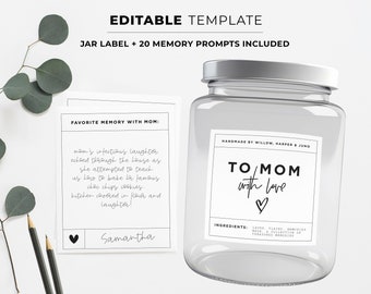 Personalized Memory Jar for Mom: Printable Template with Label & Memory Prompts - DIY Gift for Mother's Day, Birthday, or Any Occasion