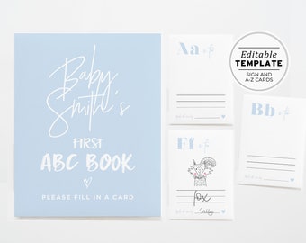 Editable ABC Coloring Book Baby Shower Game Shower Activity, Alphabet Flash Cards First abc | EDITABLE TEMPLATE #036 Powder Blue