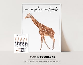 Safari Party Game, Pin the Tail on the Giraffe Printable Poster, Birthday Party Game, INSTANT DOWNLOAD