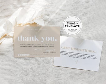 Small Business Thank You and Care Card, Thank You Package Insert, Thank You For Your Purchase, Editable Template #053 #043 Scandi Minimalist