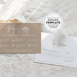 Nue Minimalist Body Sculpting Post-Treatment Care and Appointment Card Template, Editable AfterCare Card | EDITABLE TEMPLATE #052 #043