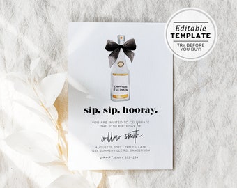 Sip Sip Champagne Minimalist Birthday Party Invitation Printable Card | EDITABLE TEMPLATE #001