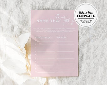 Blush Minimalist Name That Tune Bridal Shower Game, Wedding Shower Games, Hens Party Games | EDITABLE TEMPLATE #035