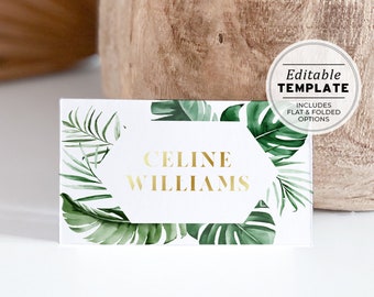 Tui Tropical Leaf & Gold Place Card Templates, Editable Dinner Escort Cards | EDITABLE TEMPLATE, Printable #042