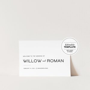 Może przedstawiać: Biały znak ślubny z czarnym tekstem, kt&oacute;ry brzmi: "Witamy na ślubie Willow i Romana, 14 lutego 2021, Pan i Pani Jones". Znak jest drukowanym szablonem, kt&oacute;ry zawiera 5 rozmiar&oacute;w.