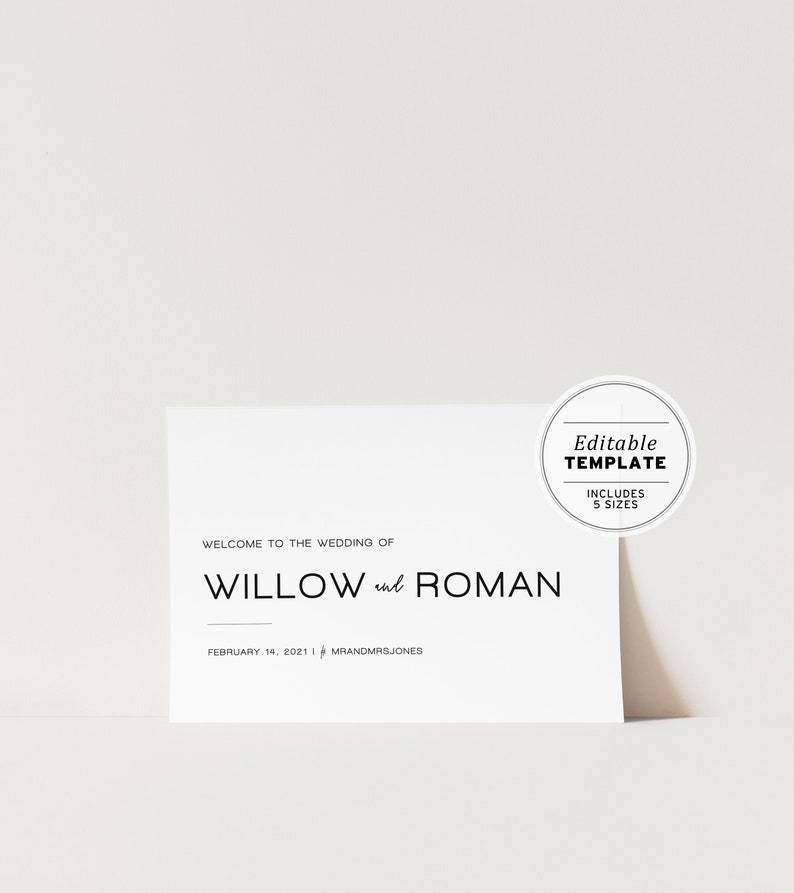 Może przedstawiać: Biały znak ślubny z czarnym tekstem, kt&oacute;ry brzmi: "Witamy na ślubie Willow i Romana, 14 lutego 2021, Pan i Pani Jones". Znak jest drukowanym szablonem, kt&oacute;ry zawiera 5 rozmiar&oacute;w.