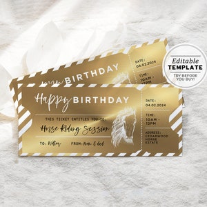 Printable Gold Horse Riding Ticket Birthday Gift Template, Surprise Gift Certificate | EDITABLE TEMPLATE #082