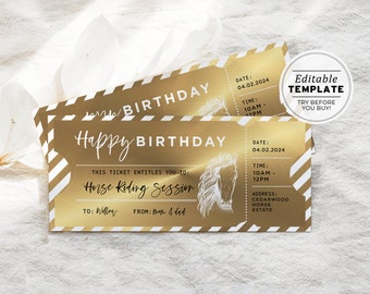 Printable Gold Horse Riding Ticket Birthday Gift Template, Surprise Gift Certificate | EDITABLE TEMPLATE #082