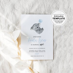 Minimalist Mr Koala Birthday Party Invite Template | EDITABLE TEMPLATE