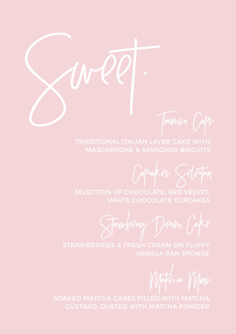 Może przedstawiać: R&oacute;żowe tło z białym tekstem, na kt&oacute;rym wymieniono r&oacute;żne opcje deser&oacute;w: Tiramisu Cups, Cupcakes Selection, Strawberry Dream Cake i Matcha Minis.
