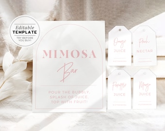 Blush Arch Minimalist Mimosa Bar Sign and Tag Printable | EDITABLE TEMPLATE #037