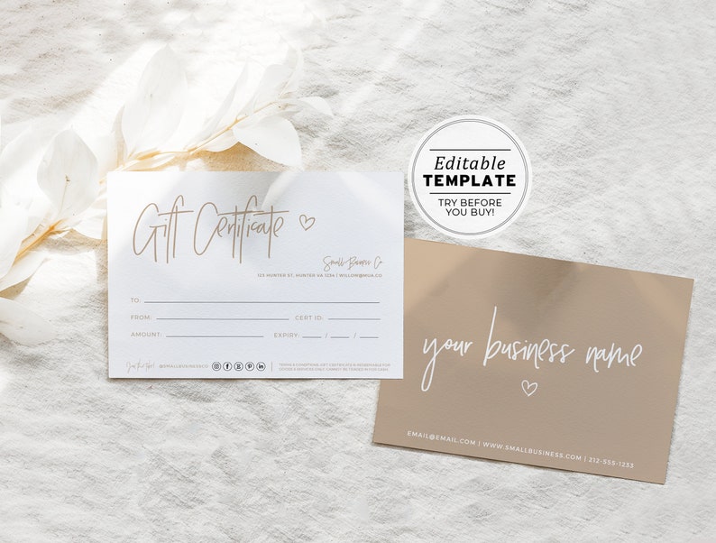 May include: Editable gift certificate template with a brown background and white text. The text says "your business name" with a small heart symbol. The text also includes contact information for the business.