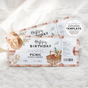 Plantilla de boleto de regalo de cumpleaños para picnic, invitación a fiesta, certificado de regalo sorpresa / PLANTILLA EDITABLE #082