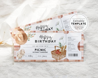 Picnic Birthday Gift Ticket Template, Party Invitation, Surprise Gift Certificate | EDITABLE TEMPLATE #082