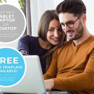 Może przedstawiać: Para siedzi na kanapie i patrzy na laptopa. Ekran laptopa pokazuje niebieskie koło z tekstem "FREE DEMO TEMPLATE AVAILABLE!" i "FIND THE LINK IN ITEM DETAILS!"  Szare koło z tekstem "EDIT ON A TABLET, LAPTOP OR DESKTOP" i "SORRY! MOBILE PHONES NOT COMPATIBLE" znajduje się w lewym g&oacute;rnym rogu obrazu.