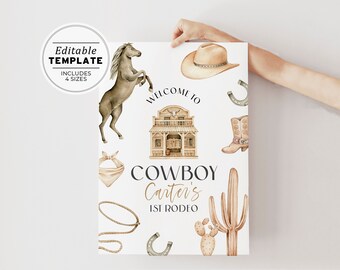 Cowboy Colt Watercolor Birthday Welcome Sign, Western Welcome Poster, Birthday Party Sign | PRINTABLE EDITABLE TEMPLATE #087