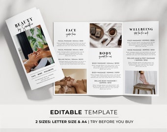 Minimalist Spa Brochure, Tri-Fold Day spa Price List, Small Business Printable | EDITABLE TEMPLATE #055 #043 Mr White