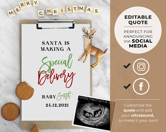 Christmas Pregnancy Announcement, Social Media, Pregnancy Due Date, Letter Board, Gender Neutral, Pregnancy Reveal, Editable Template