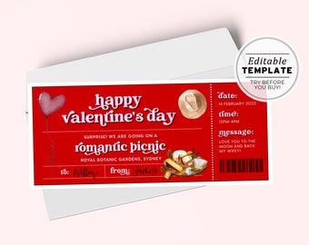 Printable Valentine's Day Gift Ticket Template, Romantic Picnic Date Gift Voucher, Valentines Day Coupon| EDITABLE TEMPLATE #082