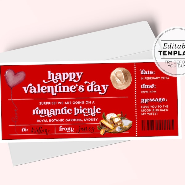 Printable Valentine's Day Gift Ticket Template, Romantic Picnic Date Gift Voucher, Valentines Day Coupon| EDITABLE TEMPLATE #082