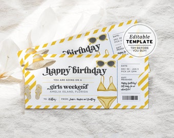 Printable Girls Weekend Birthday Surprise Ticket, Weekend Away Template, Surprise Gift Certificate | EDITABLE TEMPLATE #082