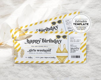 Printable Girls Weekend Birthday Surprise Ticket, Weekend Away Template, Surprise Gift Certificate | EDITABLE TEMPLATE #082