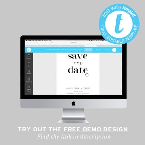 May include: A computer screen displaying a save the date template with the text "save our date" in black text. The names "Valentina & Theo" and the location "Rosemary, Hunter Valley" are also displayed on the template.