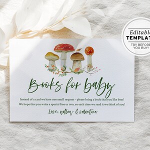Minimalistische wilde paddestoelboeken voor baby, baby shower uitnodiging insteekkaart, afdrukbare boeken voor babyuitnodiging | BEWERKBARE SJABLOON #057