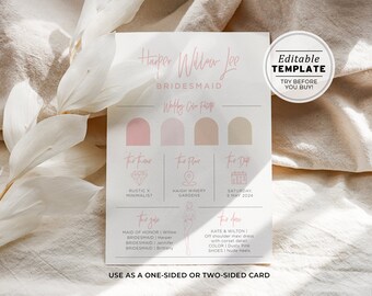 Blush Minimalist Bridesmaid Info Card Template, Bridal Party Info Card, Bridesmaid Information Card | EDITABLE TEMPLATE #035