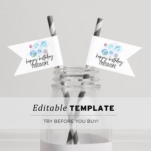 Peut inclure: Modèle éditable pour un drapeau de paille de fête d'anniversaire avec une illustration aquarelle de planètes et le texte "joyeux anniversaire THEODORE".