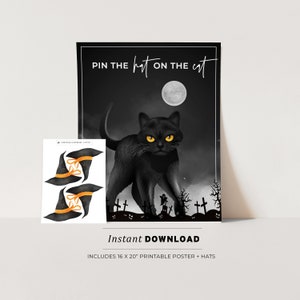 Halloween Pin the Hat on the Cat, Halloween Printable Poster, Halloween Party Game, INSTANT DOWNLOAD #080