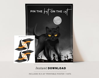 Halloween Pin the Hat on the Cat, Halloween Printable Poster, Halloween Party Game, INSTANT DOWNLOAD #080