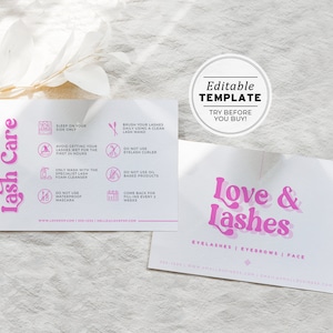 Kylie Pink Lash Extension Care Card, Editable AfterCare Card, Lash Instructions | PRINTABLE EDITABLE TEMPLATE #060 #043