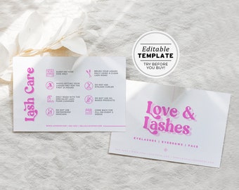 Kylie Pink Lash Extension Care Card, Editable AfterCare Card, Lash Instructions | PRINTABLE EDITABLE TEMPLATE #060 #043