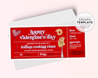 Printable Valentine's Day Gift Ticket Template, Italian Cooking Class Gift Certificate, Valentines Day Coupon | EDITABLE TEMPLATE #082