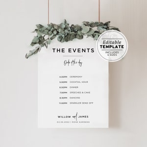 Kiki Minimalist Order of Events Wedding Timeline Sign, Wedding Order of the Day, Printable Editable Template #004
