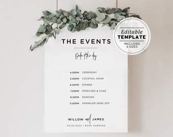 Kiki Minimalist Order of Events Wedding Timeline Sign, Wedding Order of the Day, Printable Editable Template #004