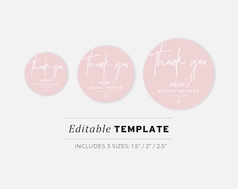 Blush Minimalist Round Sticker Bridal Shower Favor Template - 3 Sizes: 1.5"/2"/2.5" | EDITABLE TEMPLATE #035