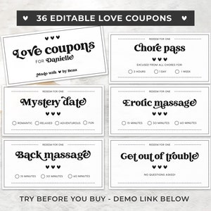 Printable Love Coupons, Romantic Coupons, Valentine’s Day Gift | EDITABLE TEMPLATE #082