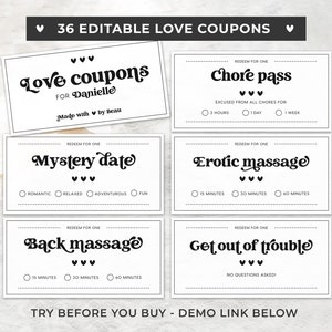 Cupones de Amor Imprimibles, Cupones Románticos, Regalo de San Valentín / PLANTILLA EDITABLE #082
