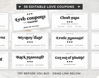 Afdrukbare liefdescoupons, romantische coupons, Valentijnsdagcadeau | BEWERKBARE SJABLOON #082