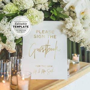 Juliette Gold Minimalist Wedding Guest Book Sign Printable, Please Sign Our Guest Book Sign Template, Wedding Guestbook Sign #017