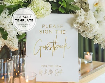 Juliette Gold Minimalist Wedding Guest Book Sign Printable, Please Sign Our Guest Book Sign Template, Wedding Guestbook Sign #017